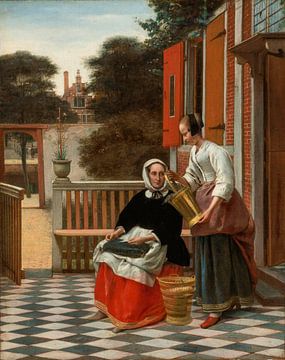 Zittende vrouw met dienstmeid op een binnenplaats, Pieter de Hooch