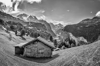 Alpine hut in Lauterbrunnen in black and white