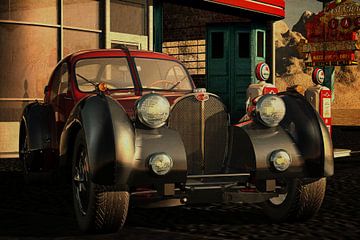 1938 Bugatti Atlantic bij een vintage benzinestation op Route 66