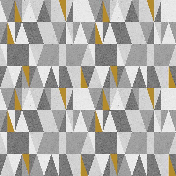 Nostalgische retro 70 driehoeken geometrische illustratie in okergeel en grijs. van Dina Dankers