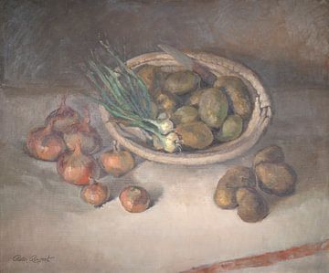 Stilleven schilderij met uien en aardappels - olieverf op doek