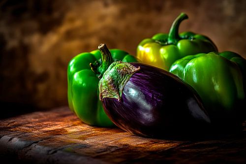 Focus op kleurrijke paprika's en aubergines