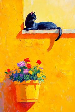 Zwarte kat op vensterbank - Kleurrijk van Poster Art Shop
