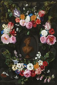 Festoen van bloemen om een buste van Flora - Jan Philip van Thielen