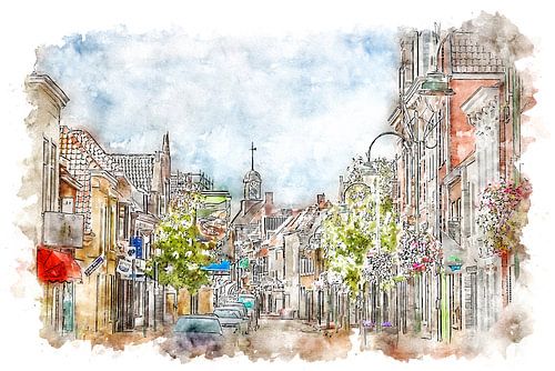 Grote Kerkstraat in Steenbergen (Brabant, The Netherlands) (watercolor painting)