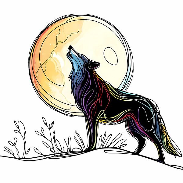Howling wolf under a full moon - Minimal by A.D. Digital ART