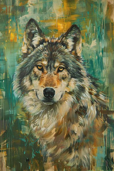 Elegant oil painting of a wolf on abstract background by Art & Soul Creations