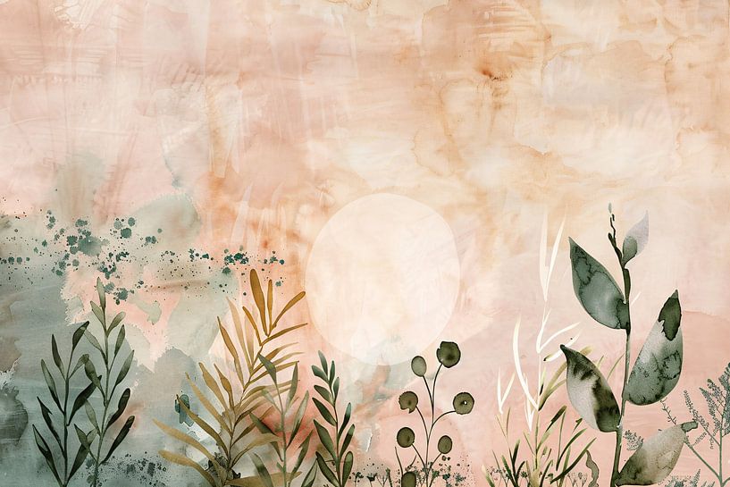 Zonsopkomst in Sepia met Groene Flora van Art & Soul Creations