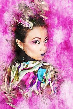 Portret van een geisha (mixed media, roze) van Art by Jeronimo