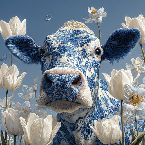 Delfter-Blau-Kuh zwischen Tulpen
