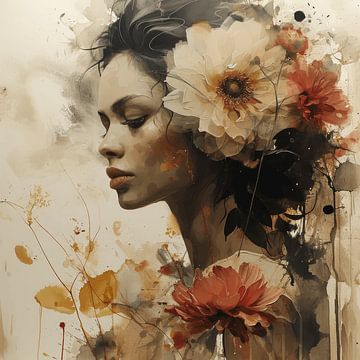Modern and chic portrait of a woman with flowers in earth tones by Carla Van Iersel