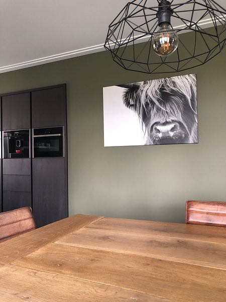 Customer photo: Portrait Scottish Highlander black and white by Sandra van Kampen, on canvas