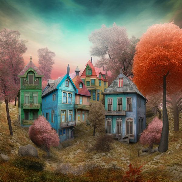 Stadtlandschaft Häuser pastell märchenhaft verträumt Bäume von gm_designs