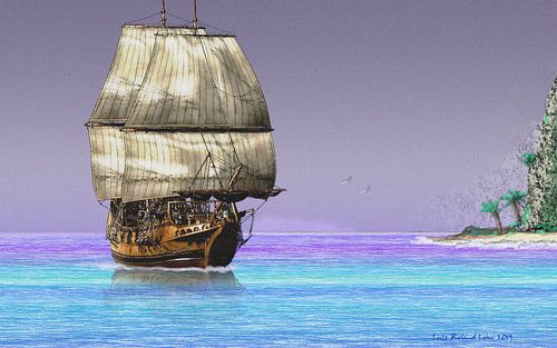 Sailing ship on a tropical island