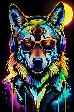 Wolf met bril en koptelefoon, muziek luisteren, neonkunst van Makar Mokrynskyi