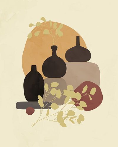 Stilleven van drie vazen en eucalyptus