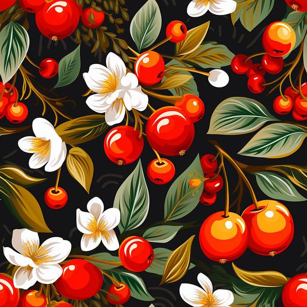 Tegelpatroon kersen bloesems bladeren rood wit groen gestileerd van gm_designs