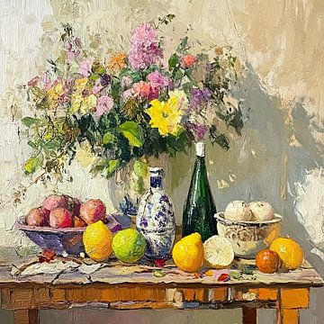 L'été sur la table avec des fleurs, des fruits et des céramiques