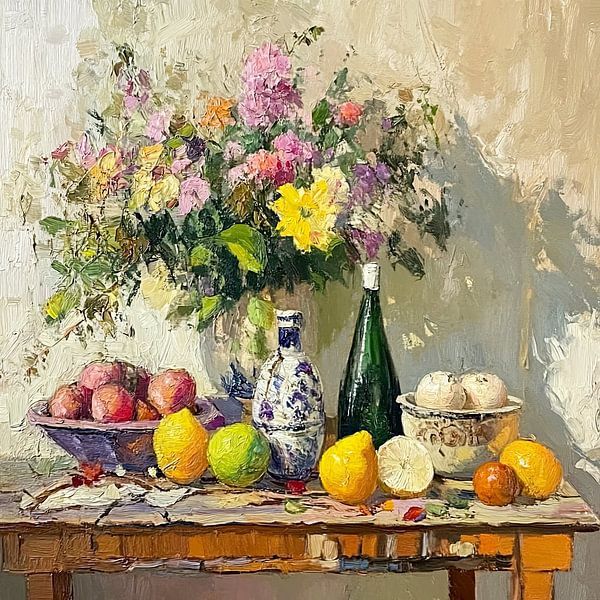 Summer on the table with flowers, fruit and ceramics by Vlindertuin-Art