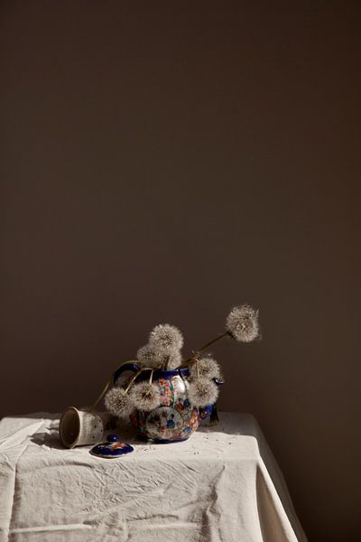 Still life of hanging dandelions fluff balls in morning light by Lilian Bisschop