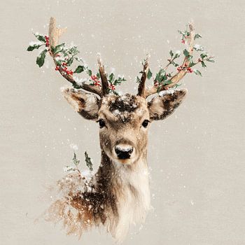 Hert in Wintermagie Met Hulst en Sneeuwvlokken