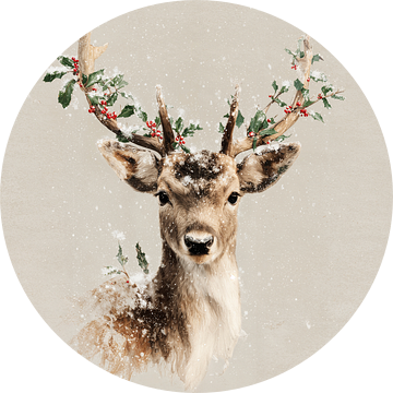 Hert in Wintermagie Met Hulst en Sneeuwvlokken