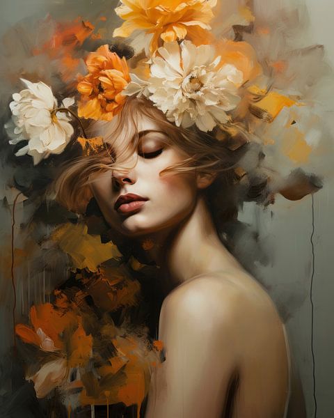 Modern and abstract portrait with flowers by Carla Van Iersel