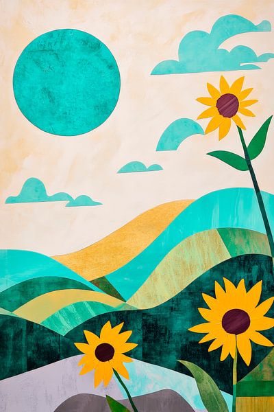 Tournesols sur fond de collines colorées - Féminin par Poster Art Shop