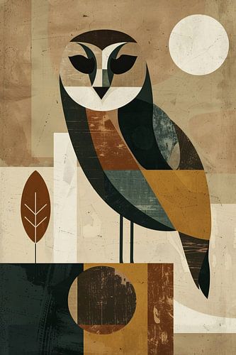 Stijlvolle Art Deco Uil met Maan op Achtergrond