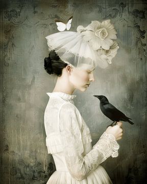 Fine art portrait "The girl with the bird and the butterfly" by Carla Van Iersel