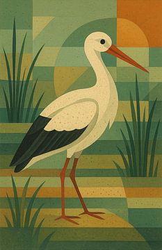 Een geometrisch kunstwerk van een ooievaar. van Johannes