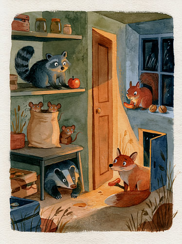De petits voleurs dans le garde-manger – Les Woodland Friends à la recherche de nourriture en pleine nuit
