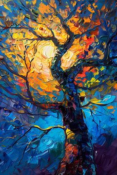 Dynamisch kleurrijk olieverfschilderij van een boom van De Muurdecoratie