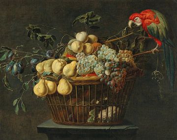 Stilleben eines Obstkorbs mit Papagei, Adriaen van Utrecht