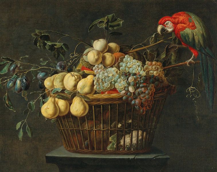 Stilleben eines Obstkorbs mit Papagei, Adriaen van Utrecht von Meisterhafte Meister