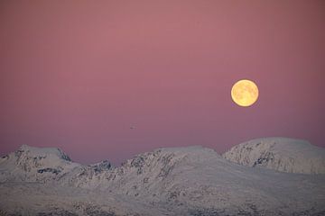 Volle maan boven besneeuwde bergen met roze lucht van Anouk van Heumen