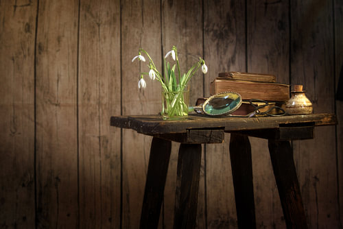 Vase mit Schneeglöckchen, Buch und anderen alten Gegenständen auf einem alten Hocker vor einer dunkl