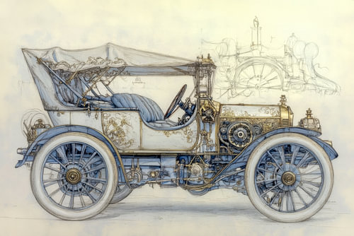 Detailed drawing of a classic car, vintage convertible. 