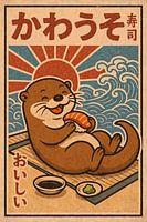 Cute otter with fish snack - Retro Japan illustration