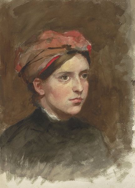 Portret van een jonge vrouw met een rode hoofddoek, Thérèse Schwartze van Meesterlijcke Meesters