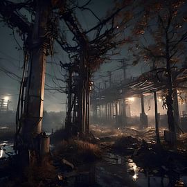 Elektriciteitscentrale, ruïnes bij nacht