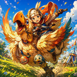 Anime-Junge reitet auf einem riesigen gelben Vogel – Anime-Reiter, riesiger Vogel, Fantasy-RPG, Anime-Junge, Chocobo-Stil, Kreatur als Reittier, Abenteuerheld, Festdorf, JRPG-Grafik, geflügelter Helm, fröhlicher Abenteurer, Anime-Illustration von Petrus Jakub