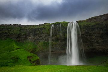 IJsland - Waterval van Seljalandsfoss met groene weide van adventure-photos