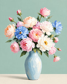 Stillleben; Romantischer Strauß aus Pfingstrosen mit Impasto-Struktur in einer blauen Vase