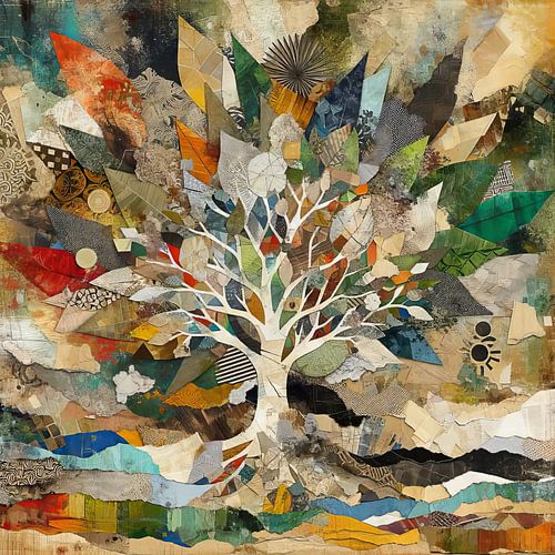 Collage boom met gebladerte