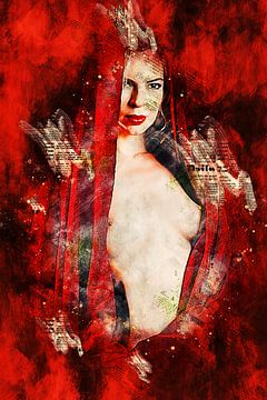 Lady in red (mixed media, erotiek) van Art by Jeronimo