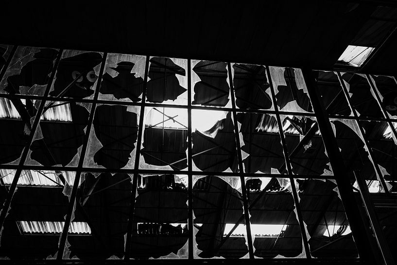 Vue en noir et blanc à travers une vitre d'usine brisée par Peggy Raemdonck