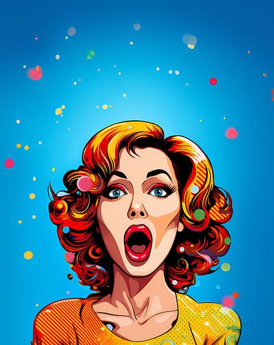 Kleurrijk Pop Art Schilderij: Vrouw Verbaasd over Kapitalisme