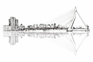 Rotterdam Erasmusbrug Skyline inkt pen tekening van Krista Kitsz Art