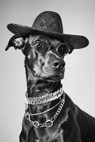 Stijlvolle Doberman met hoed en zonnebril in zwart en wit